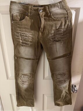 Denim & Rivets Men's Moto Biker Jeans Distressed Ripped Panels Khaki Tan Stretch